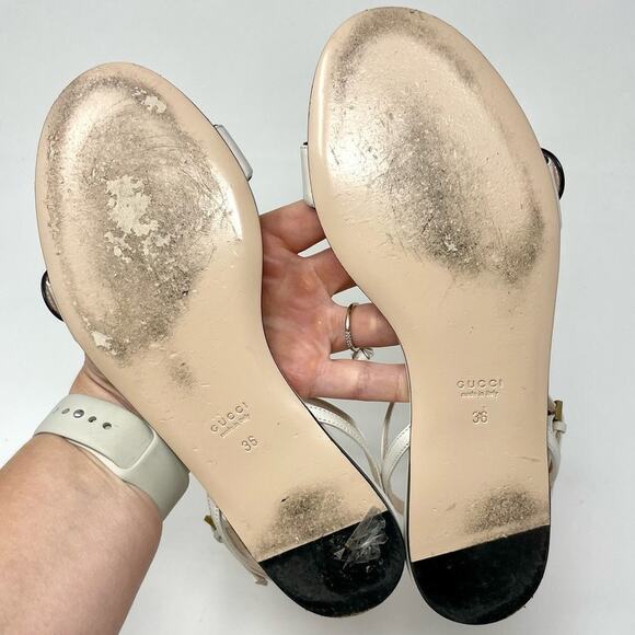 Gucci Marmont Interlocking GG Leather Ankle Strap Flat Sandals White Gold EU 36 - Picture 9 of 14